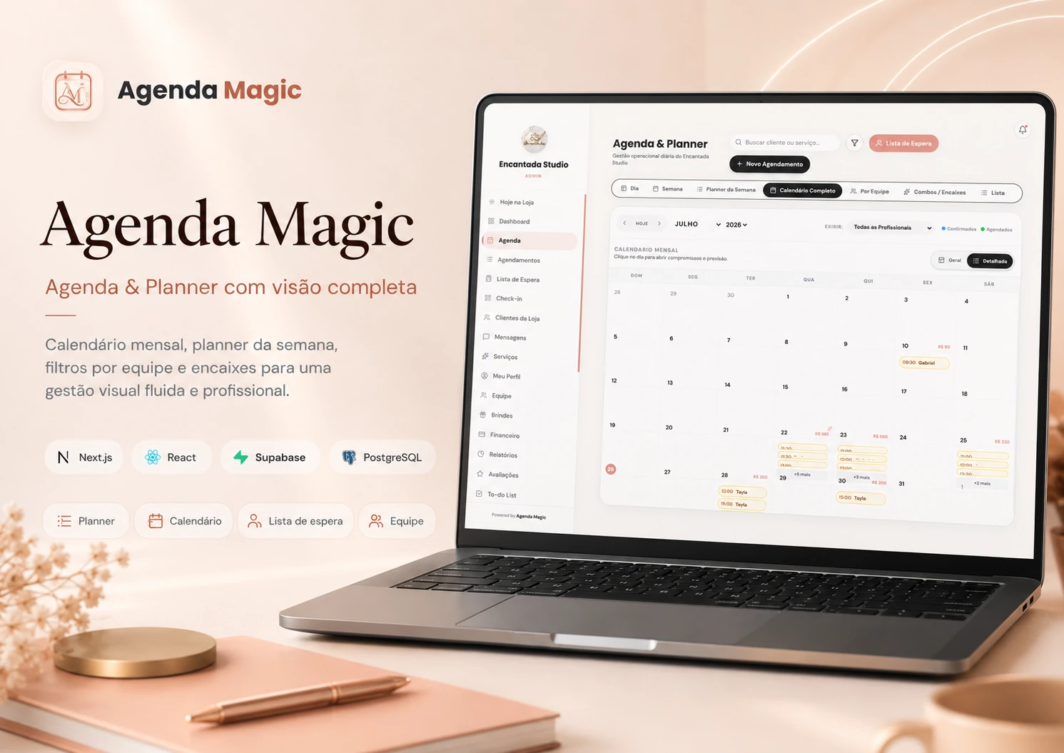 Tela Agenda & Planner do Agenda Magic com calendário mensal e agendamentos.
