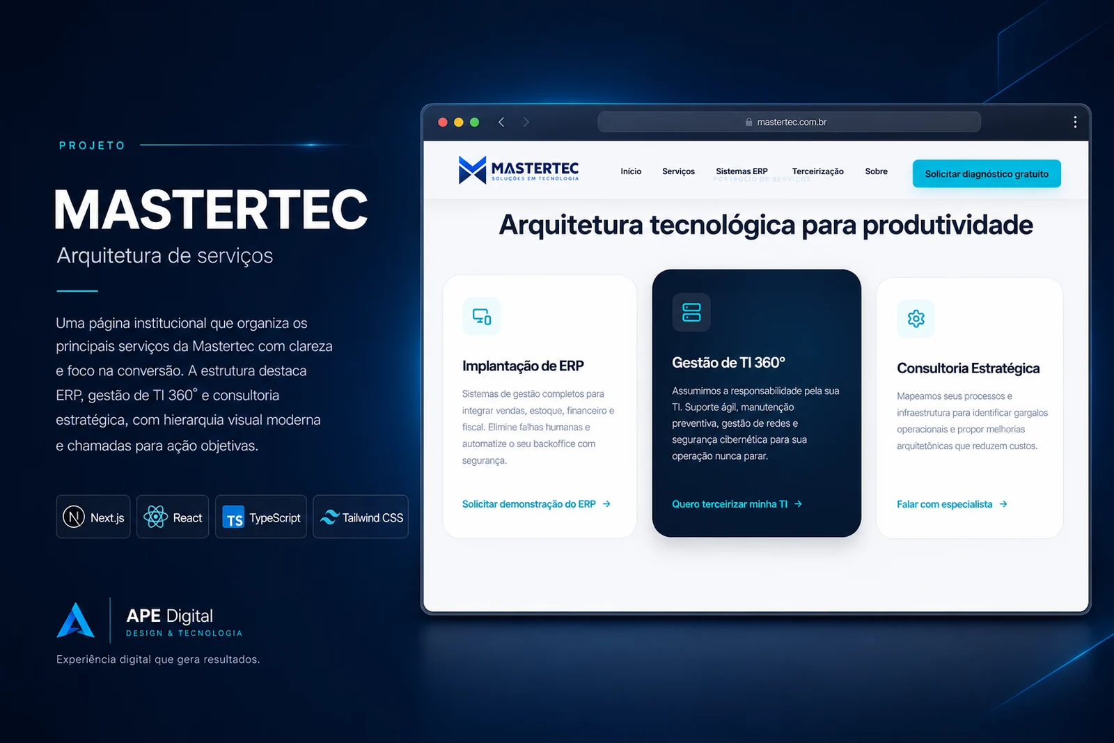 Seção de serviços do site da Mastertec com três cards de soluções corporativas.