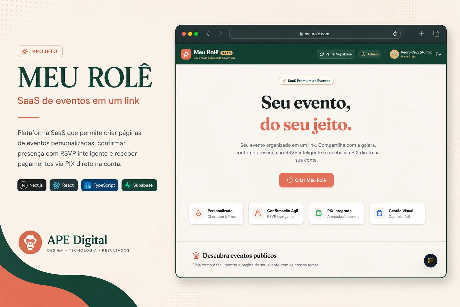 Capa do case Meu Rolê com a home da plataforma de eventos aberta em um navegador.