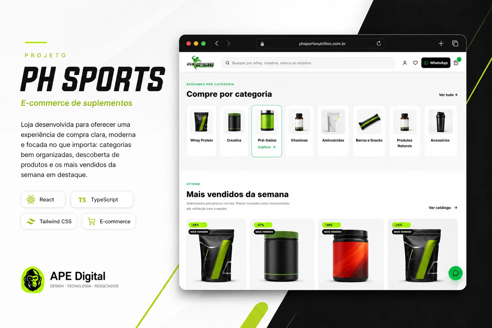 Capa do case PH Sports com a loja de suplementos e as vitrines de categorias.